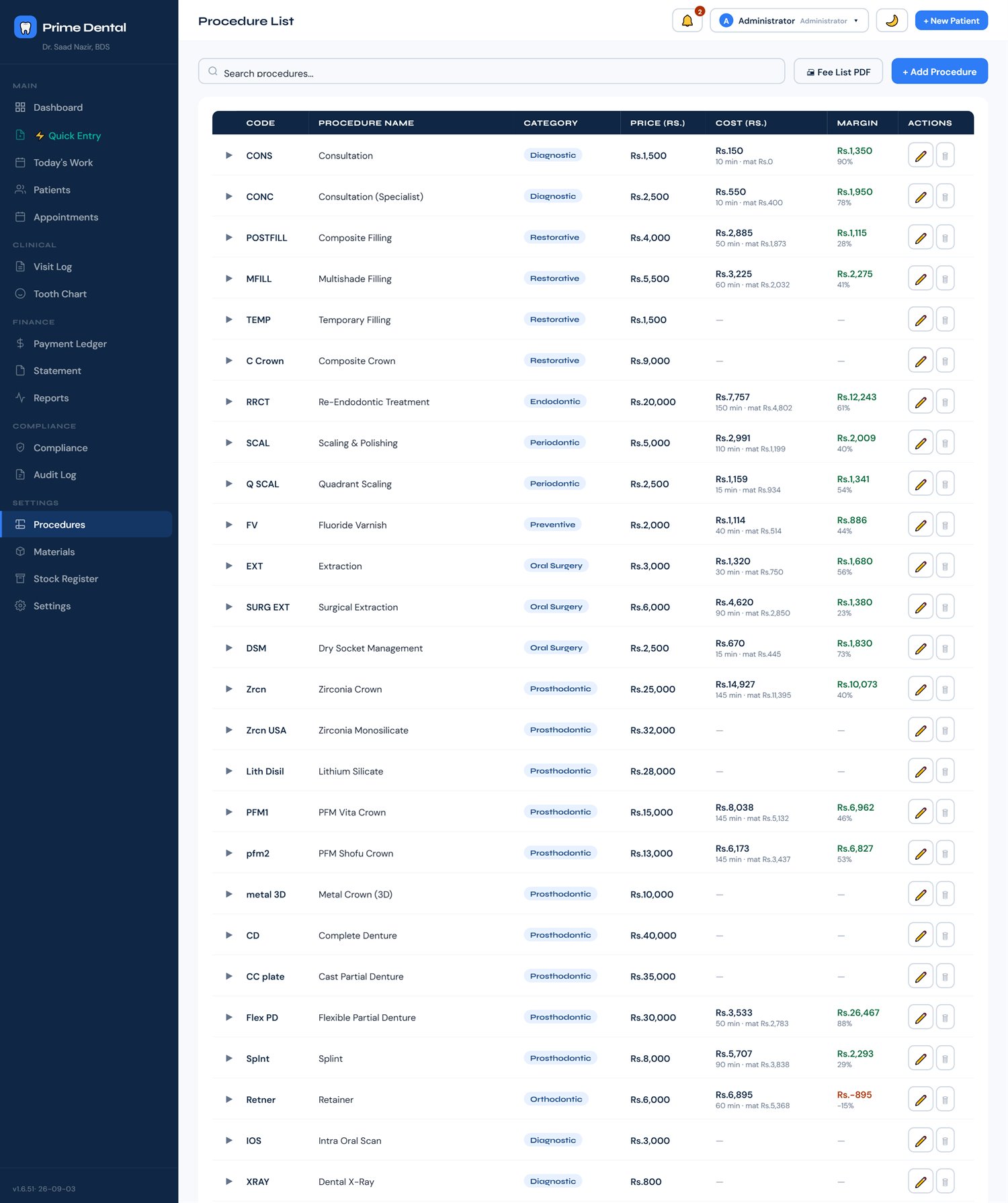 Procedure catalogue with prices, chair minutes and material recipes