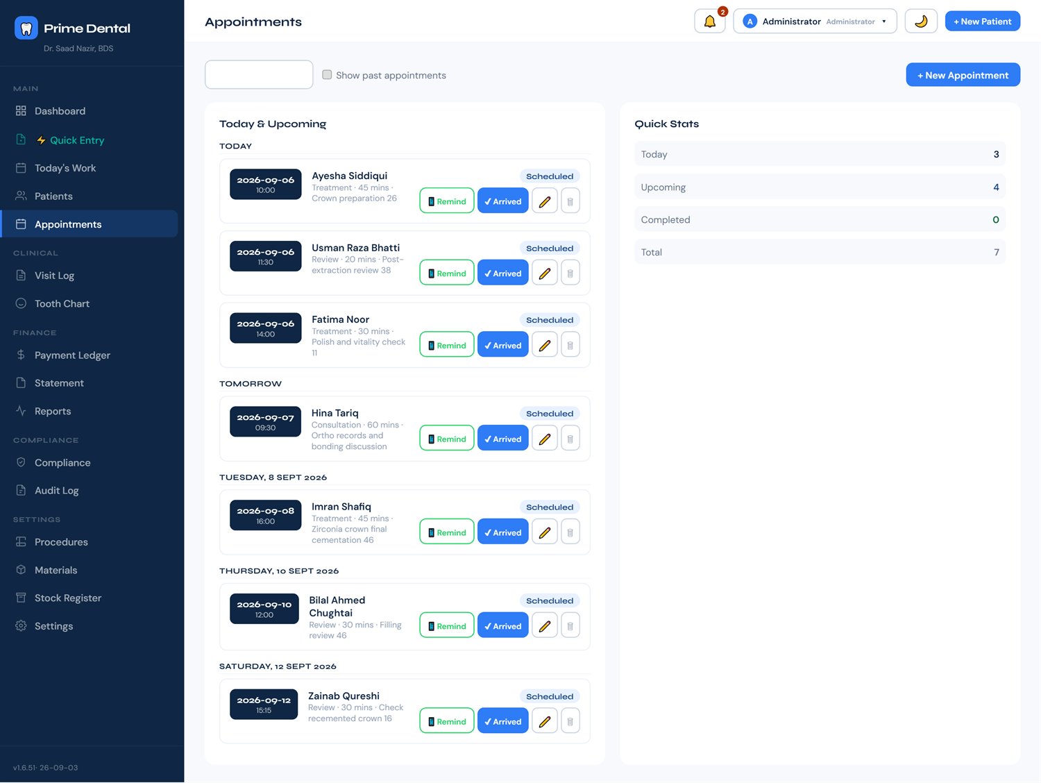 Appointments page with scheduled visits and status