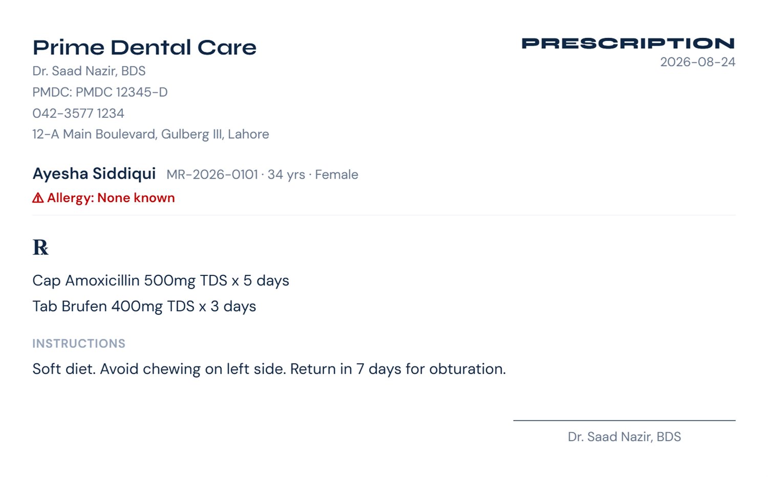 Patient handout showing prescription and post-treatment instructions