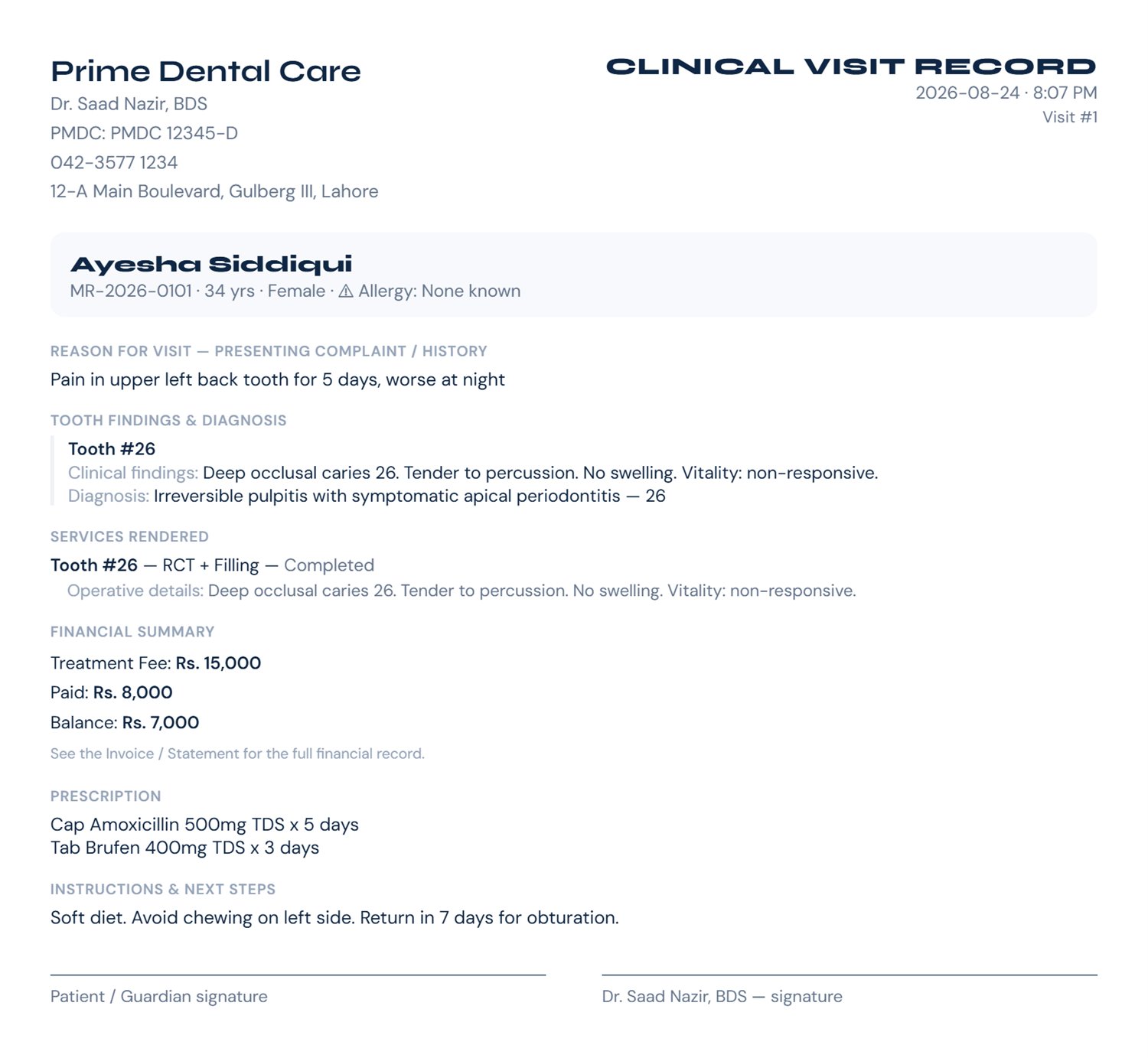 Printed clinical visit record on clinic letterhead showing complaint, findings, diagnosis, services rendered, financial summary and prescription
